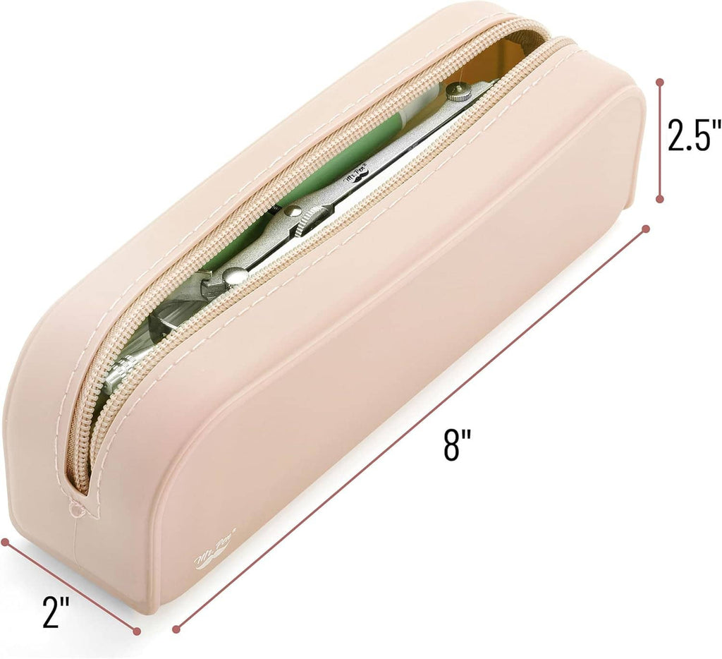 Beige pencil case with zipper, dimensions 8 x 2 x 2.5 in