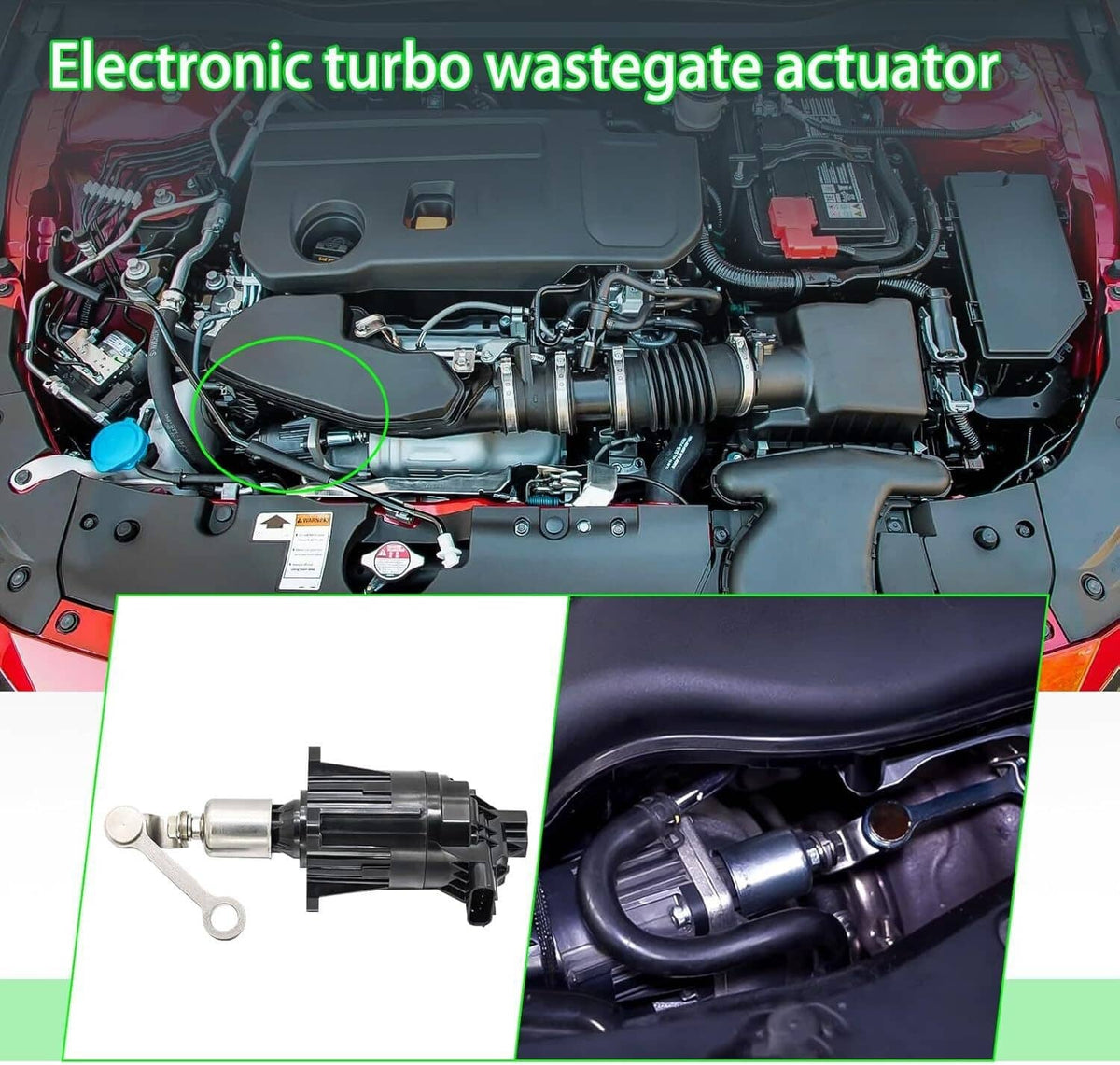 Electronic turbo wastegate actuator assembly with turbo components for engine bay.