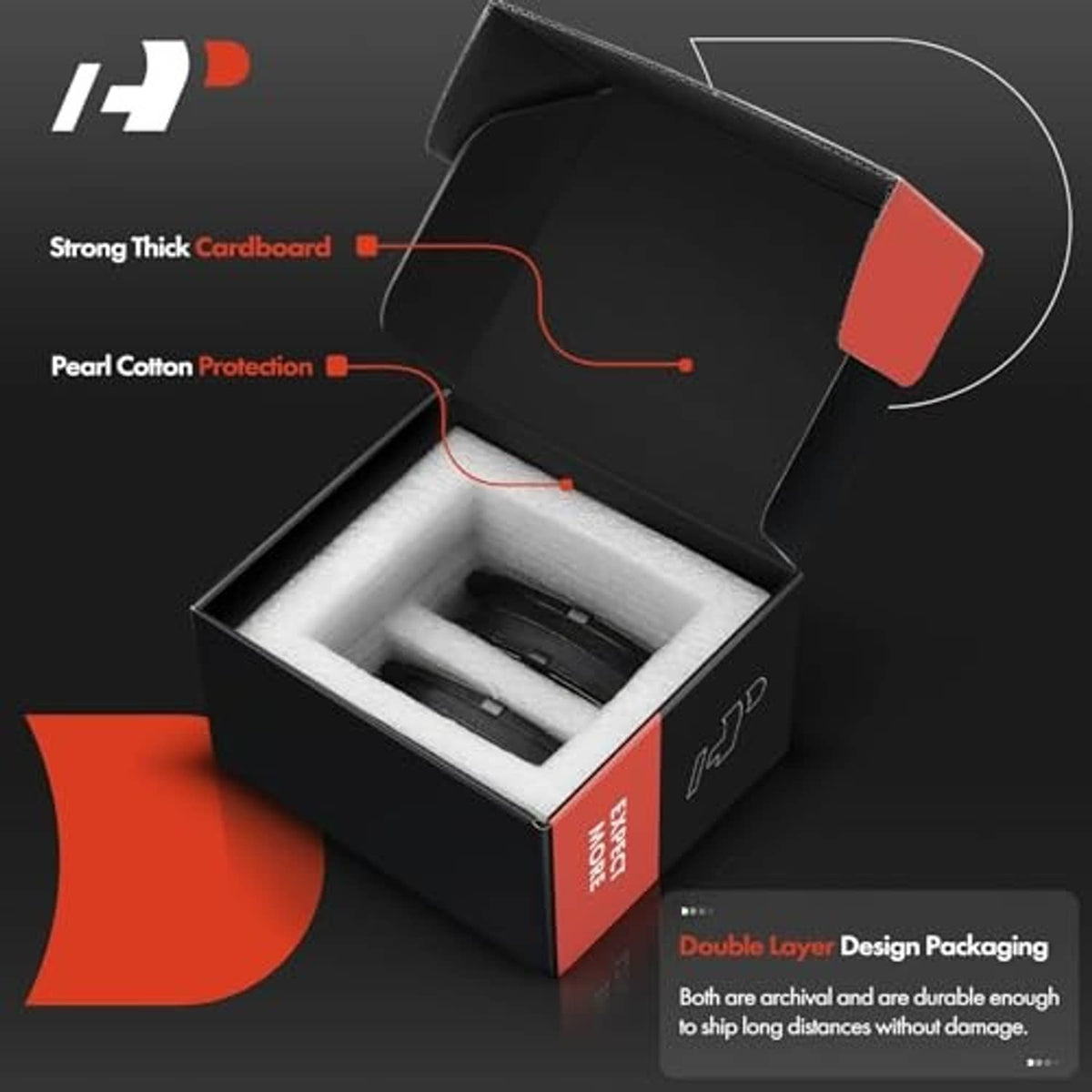 Brake pad packaging box with foam inserts and two ceramic pads inside