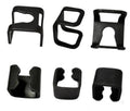 Set of six black floor jack clamp clips with U-shaped openings and forked ends