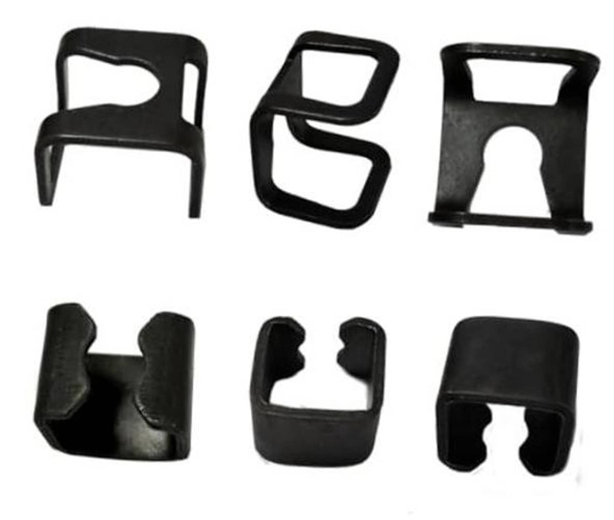 Set of six black floor jack clamp clips with U-shaped openings and forked ends