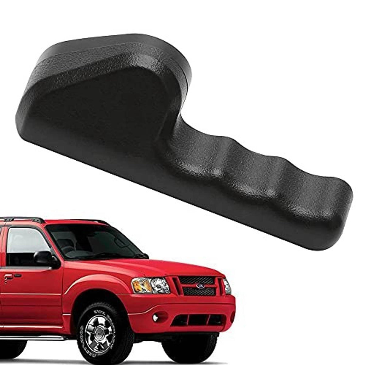 Black seat adjuster handle with textured surface and rounded end