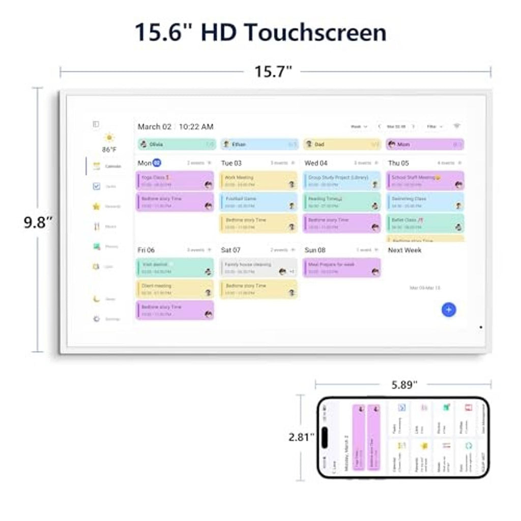 15.6-inch HD touchscreen electronic wall calendar, white frame with size measurements