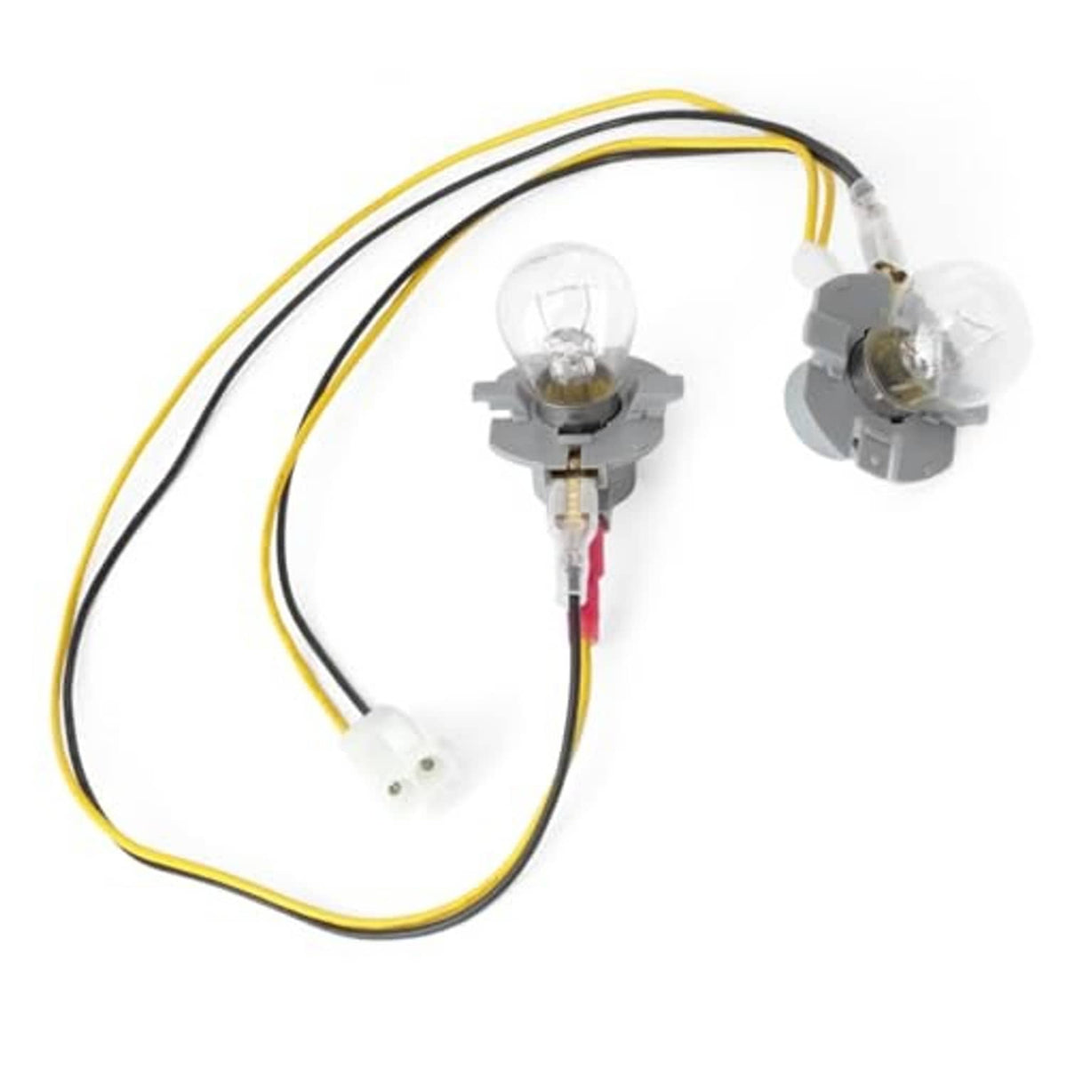 Headlight wiring harness with two halogen bulbs, gray sockets, and yellow/black wires