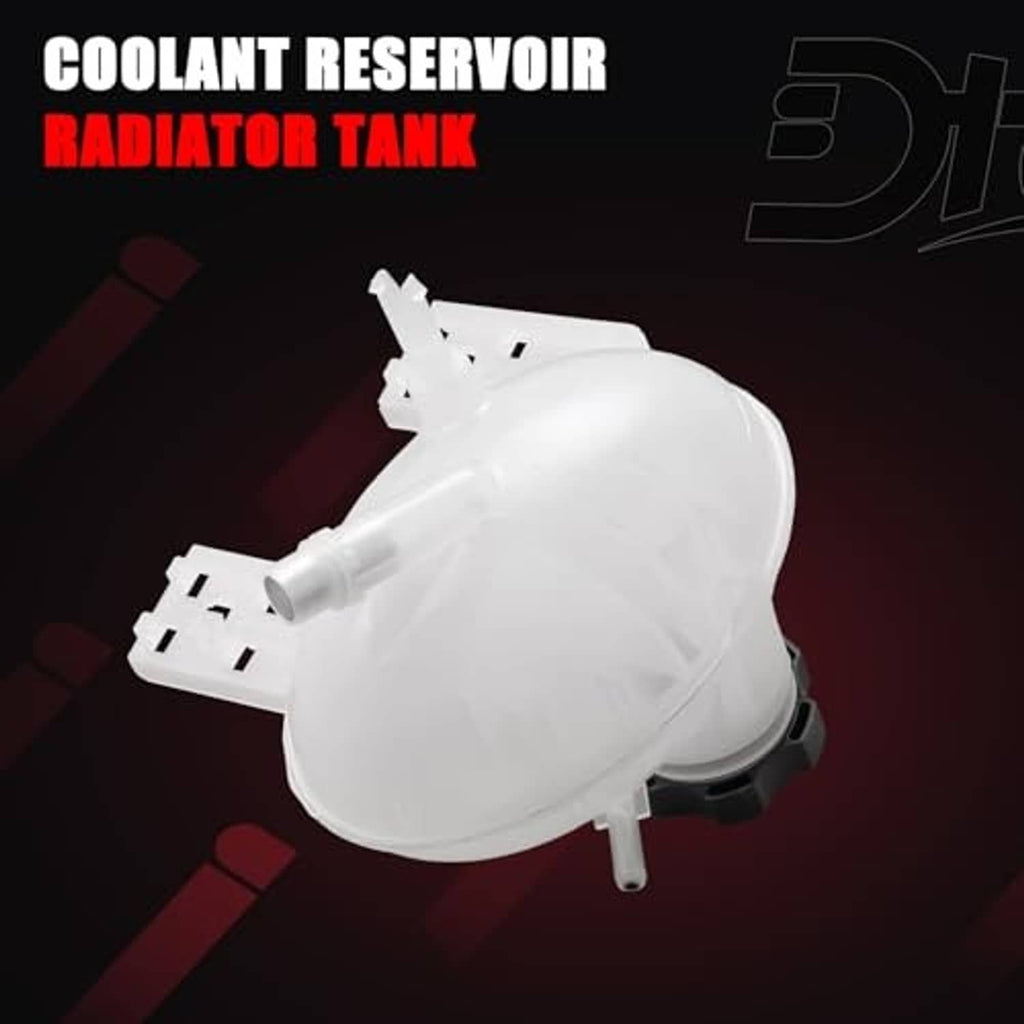 White coolant reservoir radiator tank with dark cap and outlet hose connector