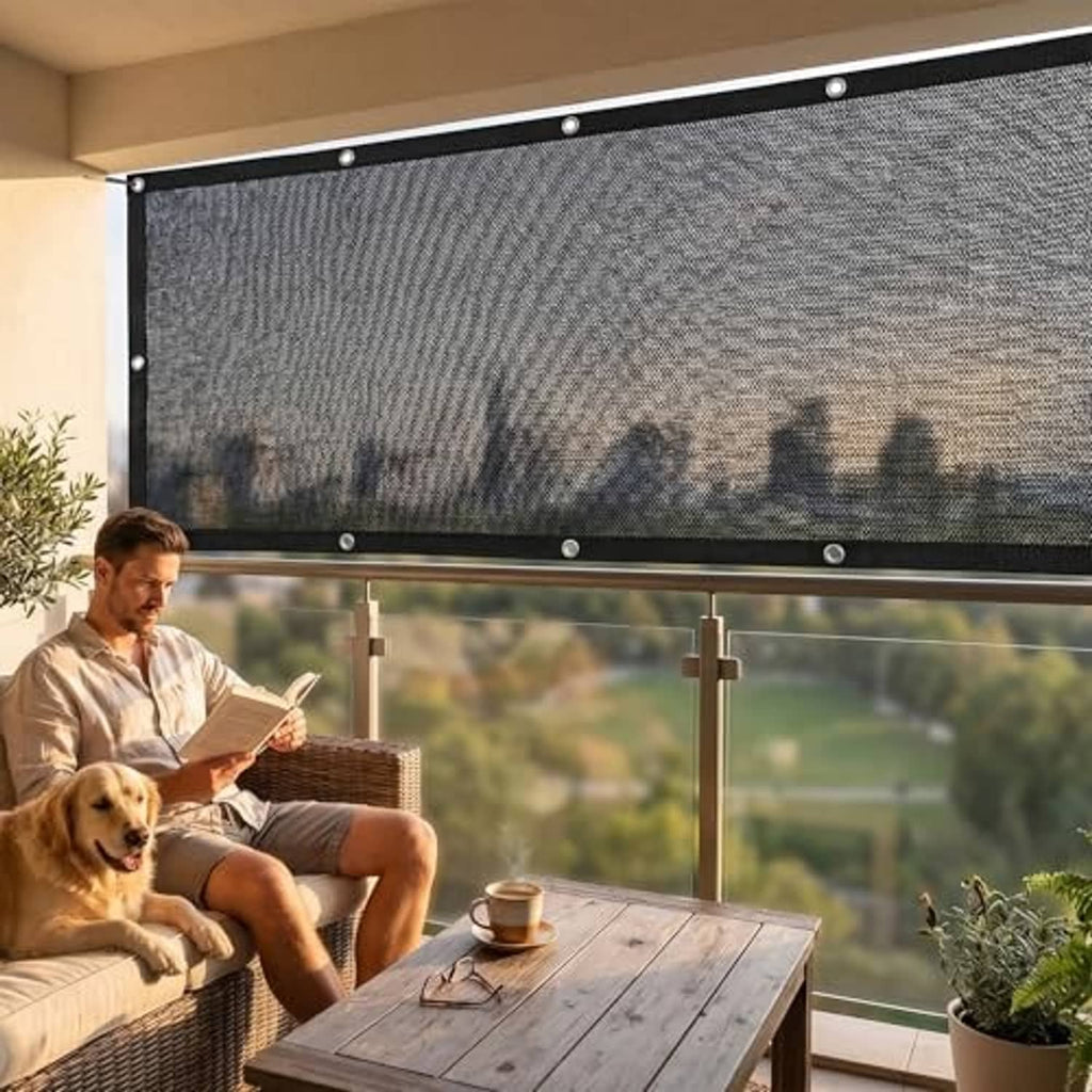 Black shade screen cloth mounted above a patio seating area with grommets
