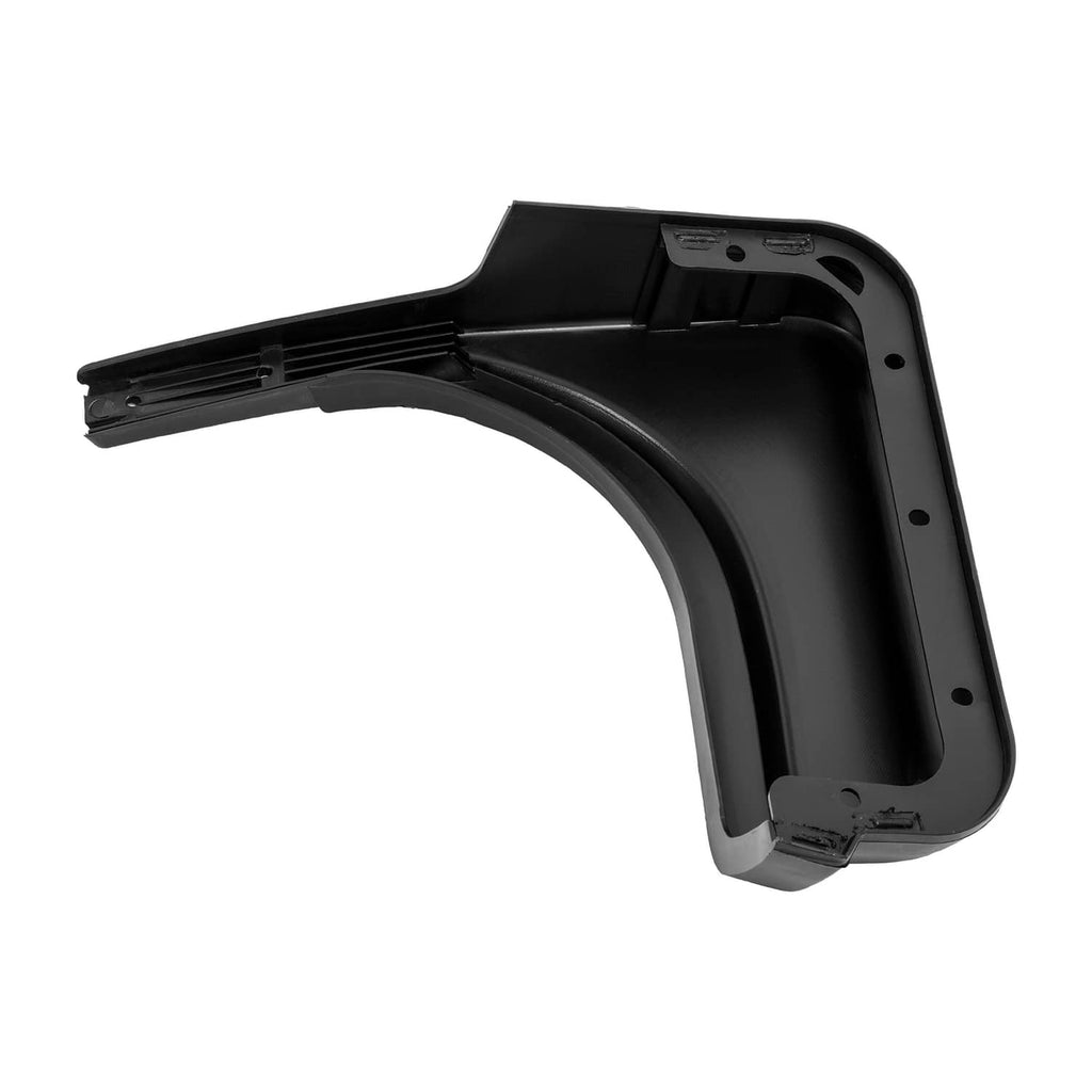 Black left golf cart fender cap, top view with inner channels and mounting points