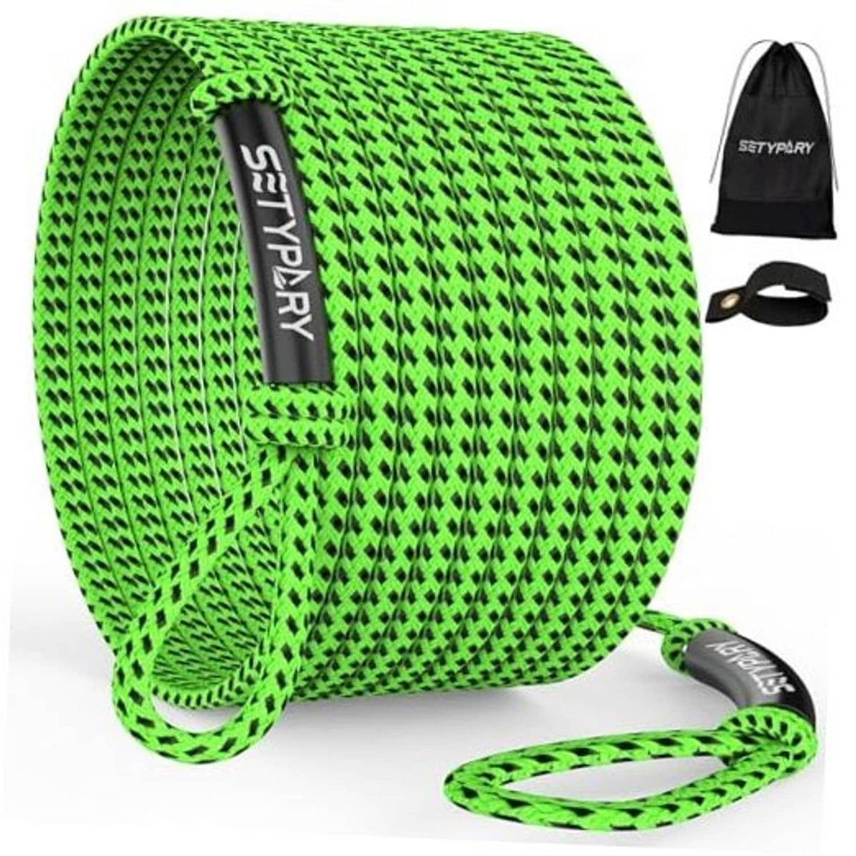 Green and black woven boat tow rope, coiled bundle with attached loop handle