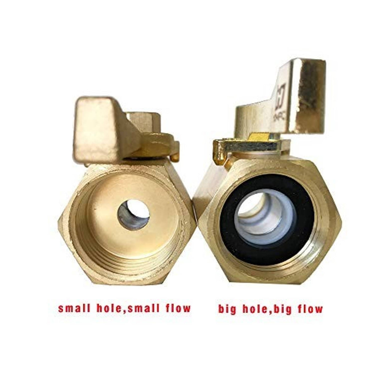 Brass shut-off valve with two inlet options showing different flow opening sizes