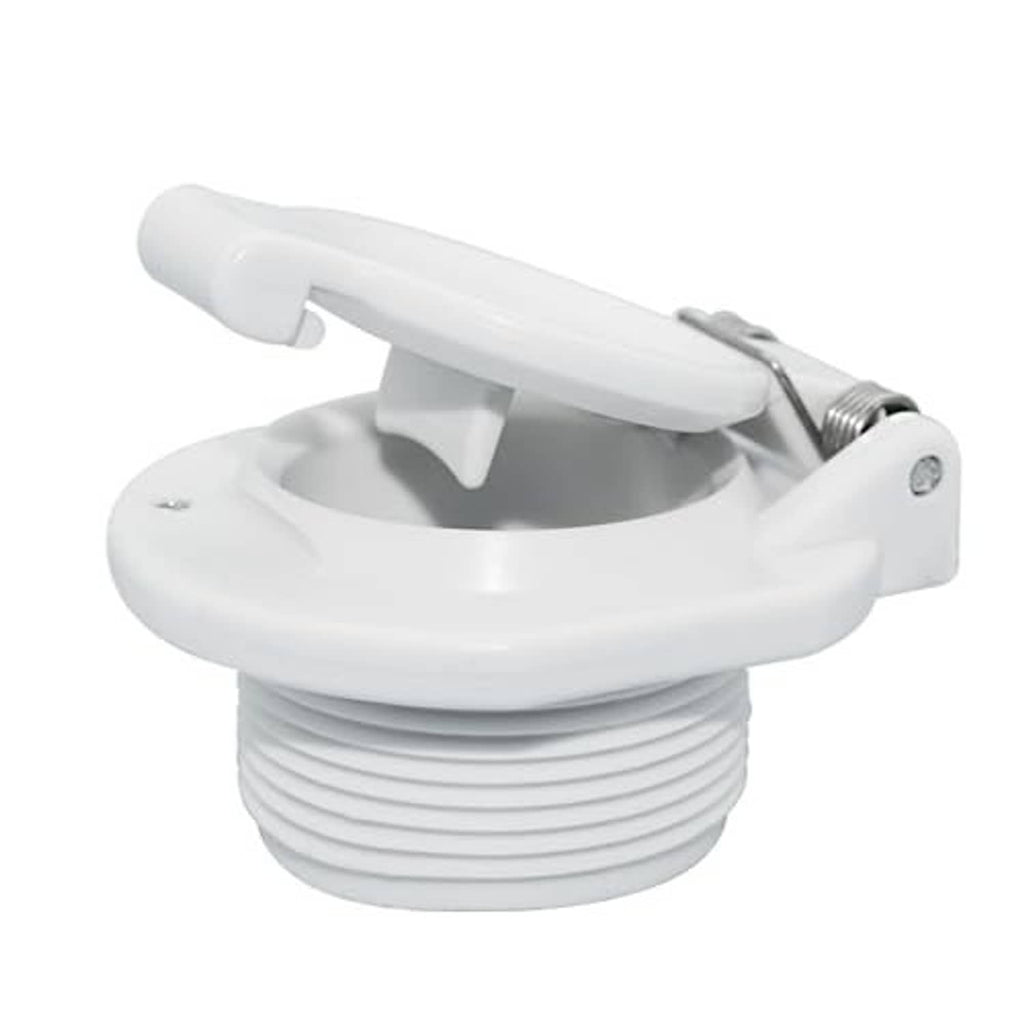 White pool vacuum safety lock with open cover flap and metal spring/threads