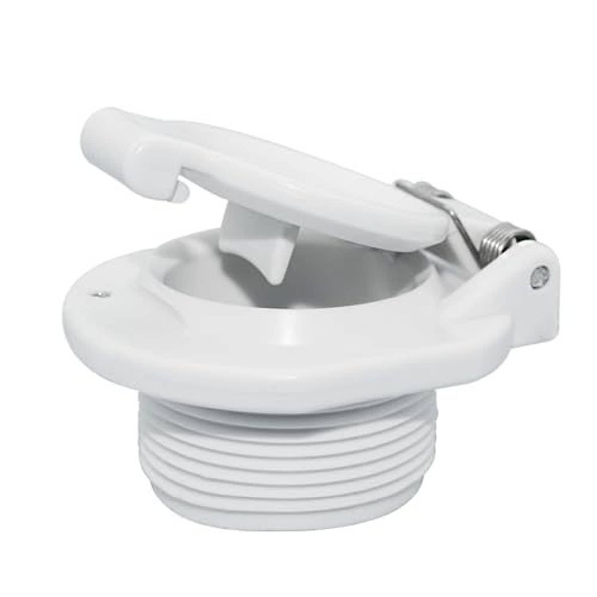 White pool vacuum safety lock with open cover flap and metal spring/threads