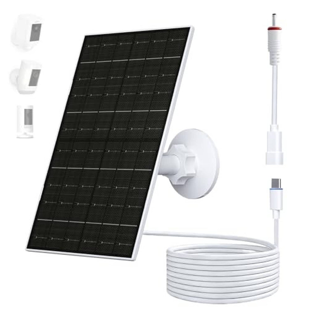 Solar panel charger kit with mounting bracket, white cable, and coiled charging wire