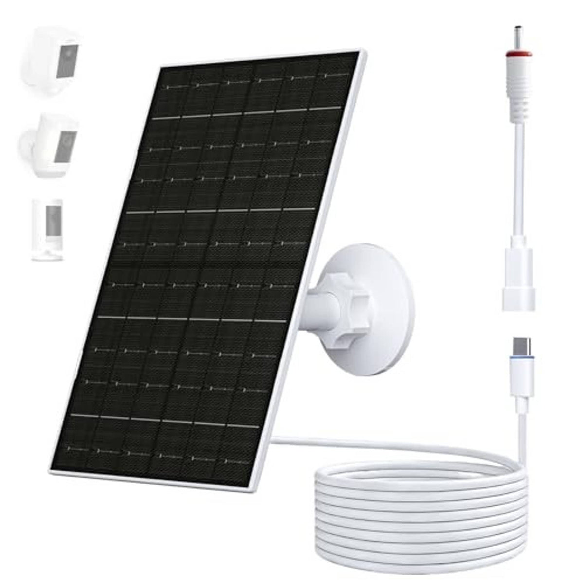 Solar panel charger kit with mounting bracket, white cable, and coiled charging wire