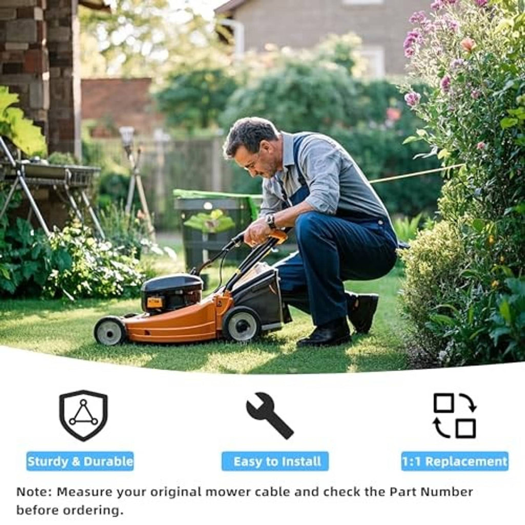 Lawn mower with reverse clutch cable replacement guidance icons