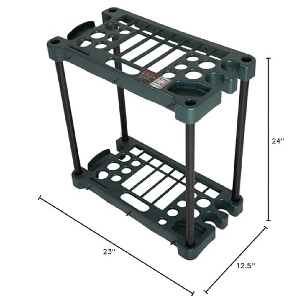 Dark green 2-tier tool rack with 23 in length, 24 in height, and 12.5 in depth