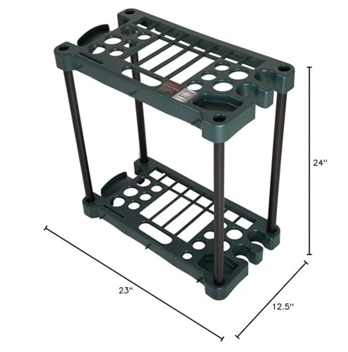 Dark green 2-tier tool rack with 23 in length, 24 in height, and 12.5 in depth