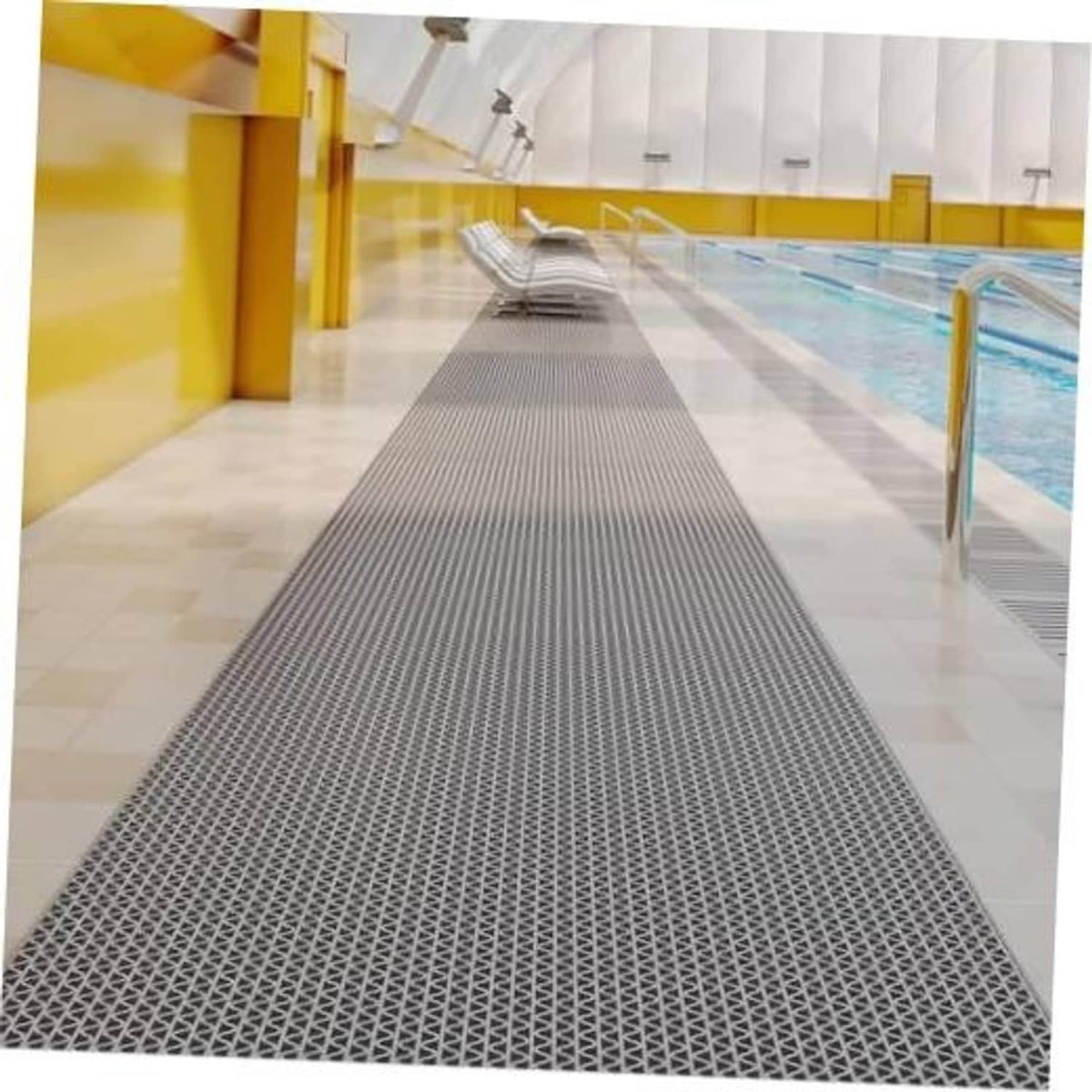 Dark gray PVC non-slip pool mat runner with raised grid texture