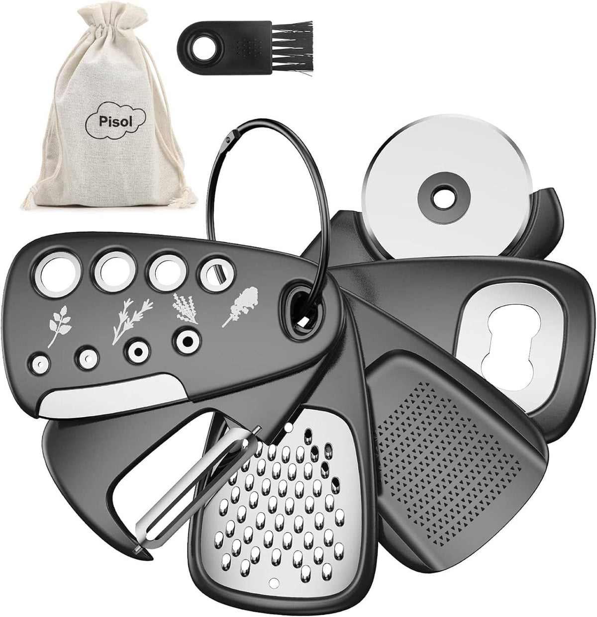 6-piece kitchen gadget set with grater, pizza cutter, bottle opener, grinder, and stripper tools
