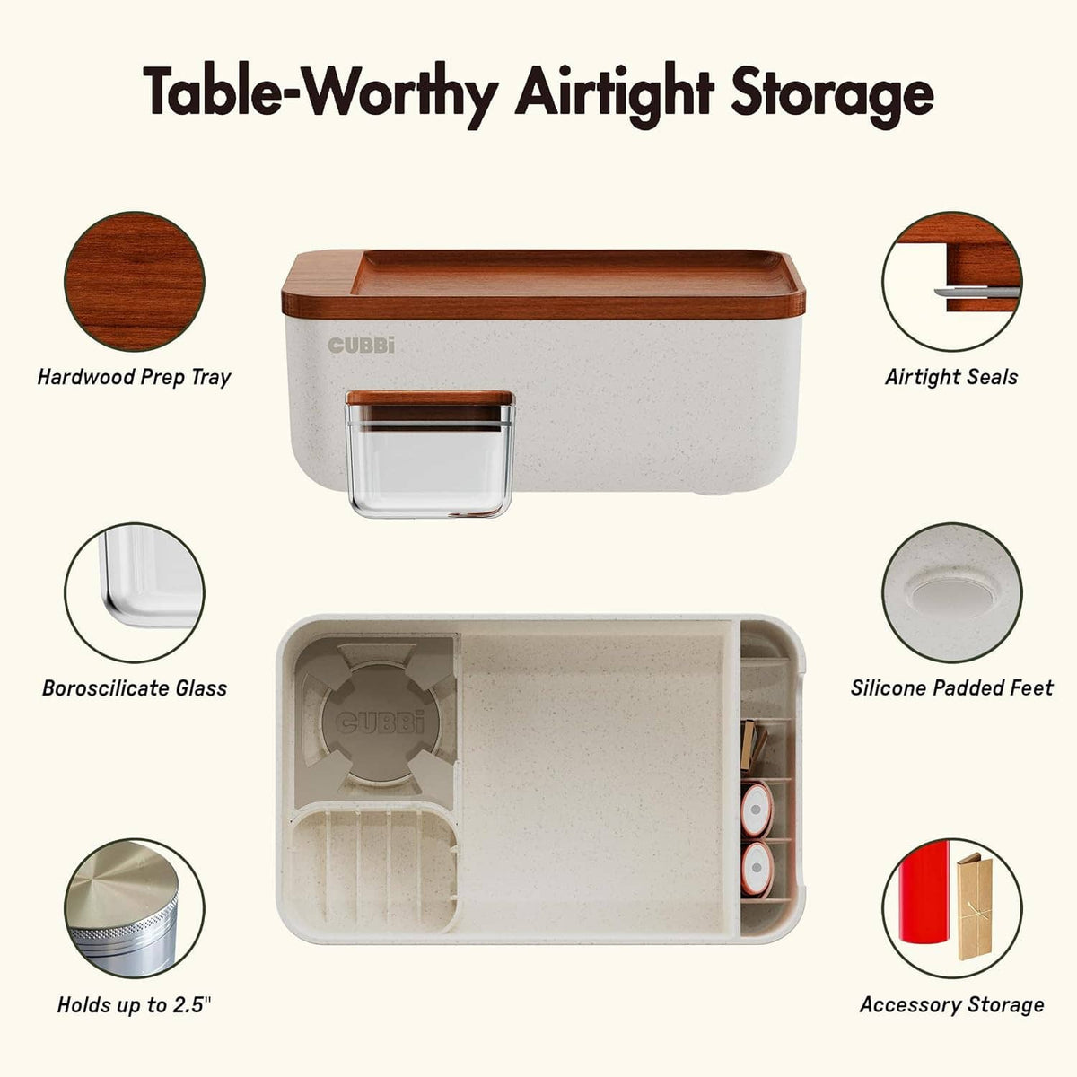 Airtight storage box with wood lid, silicone seals, borosilicate glass jar and silicone feet.