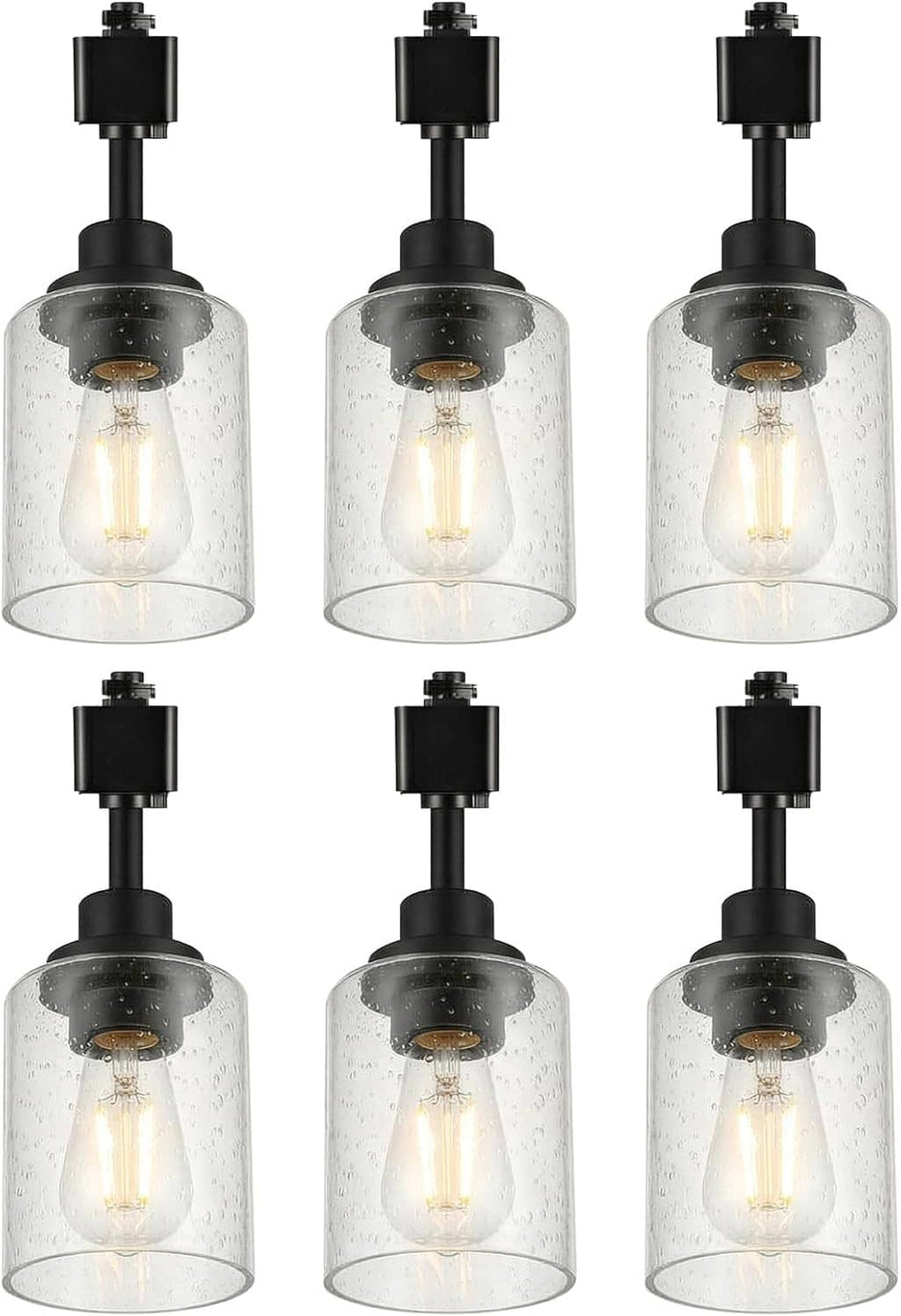 6-pack H-type track lighting heads with black housings and seeded glass shades, straight-on