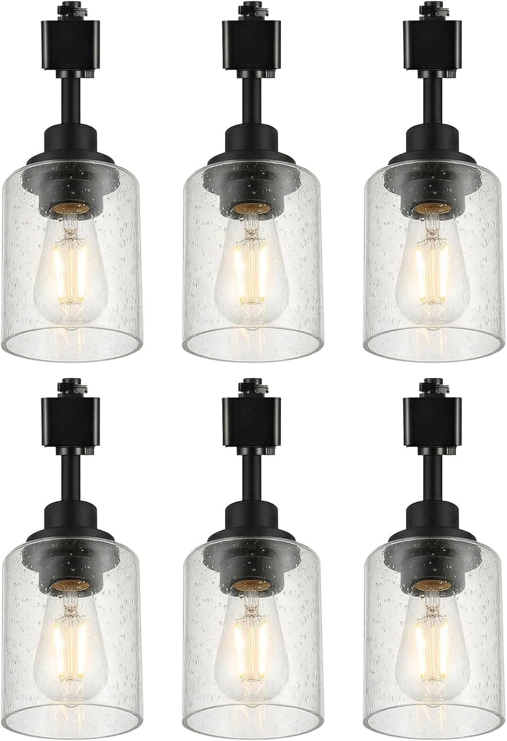 6-pack H-type track lighting heads with black housings and seeded glass shades, straight-on