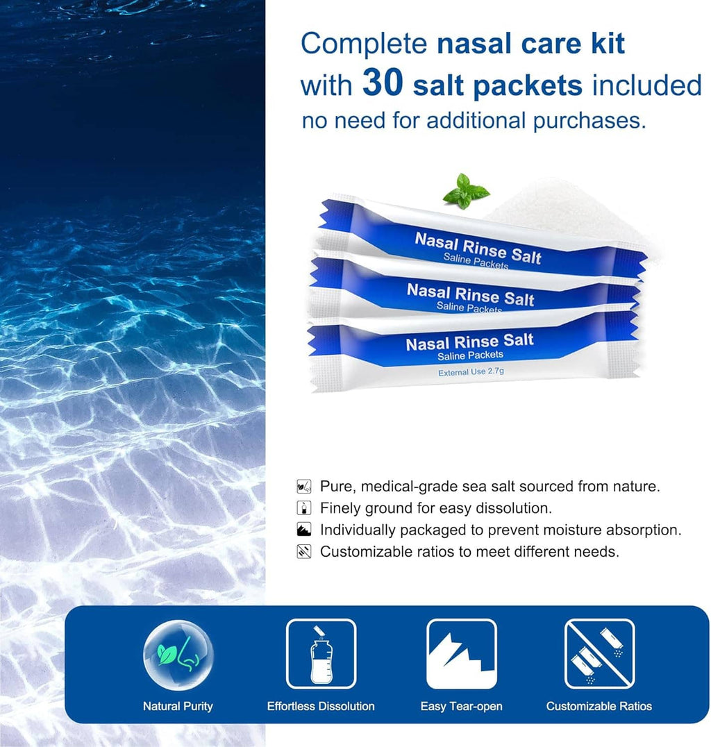Nasal rinse kit with three salt packets and blue squeeze bottle with curved nozzle