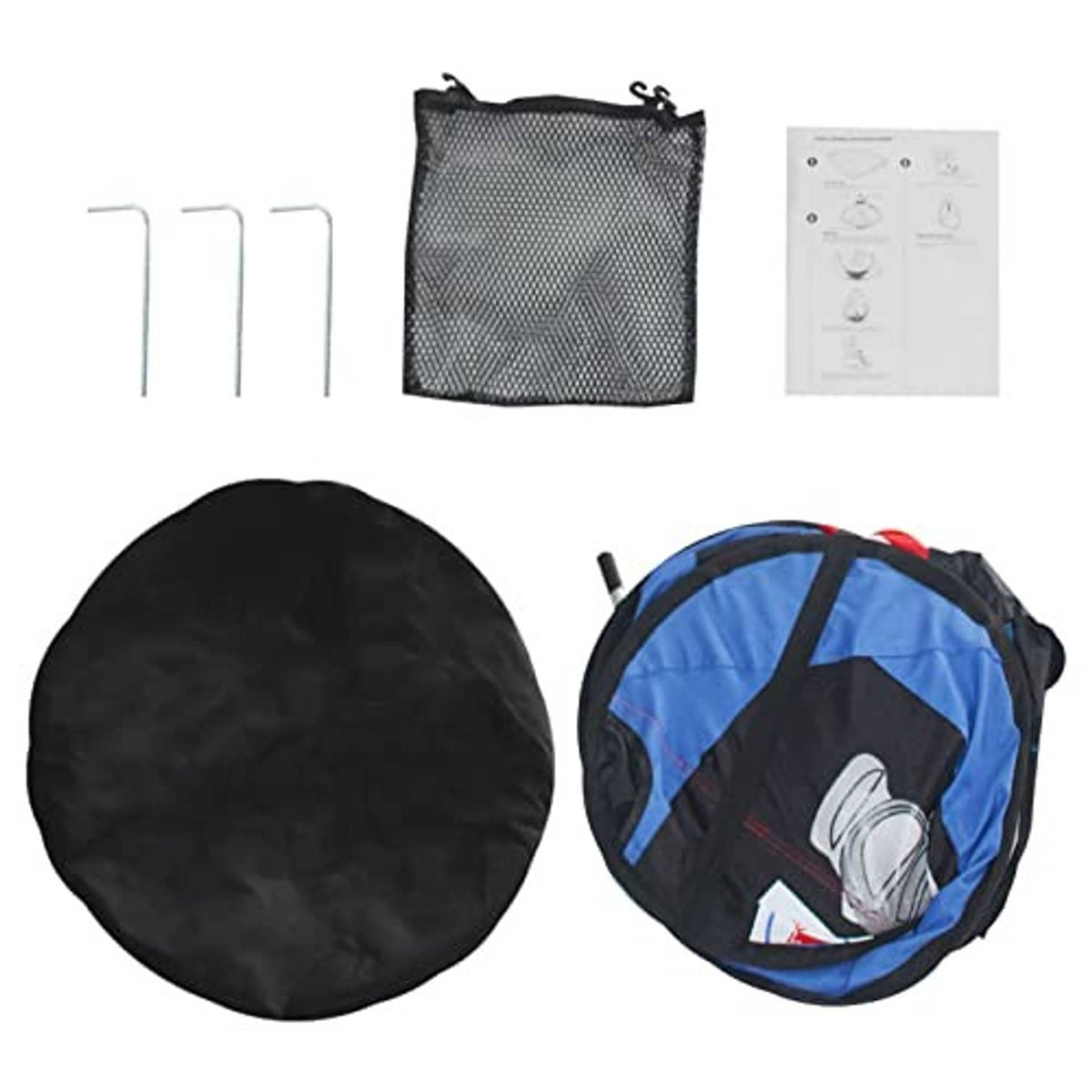 Pitching target net accessories: mesh bag, round cover, and blue target with red zone.