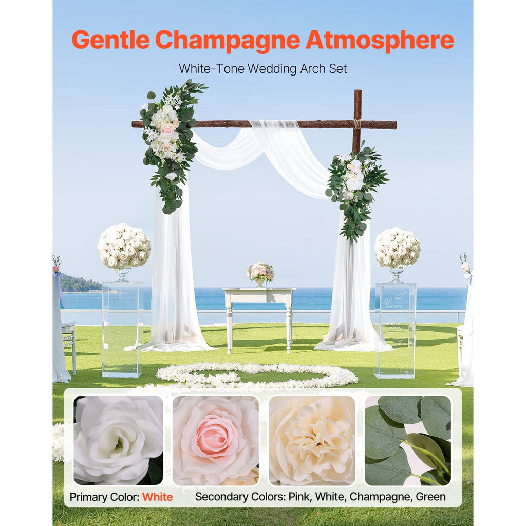 Artificial wedding arch set with two floral corner pieces and flowing white sheer drapes