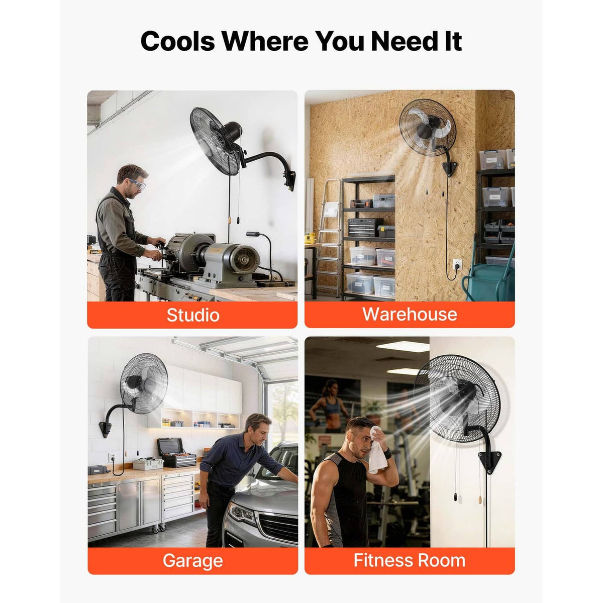 Wall-mounted oscillating 18-inch fan for indoor use, visible on multiple room setups