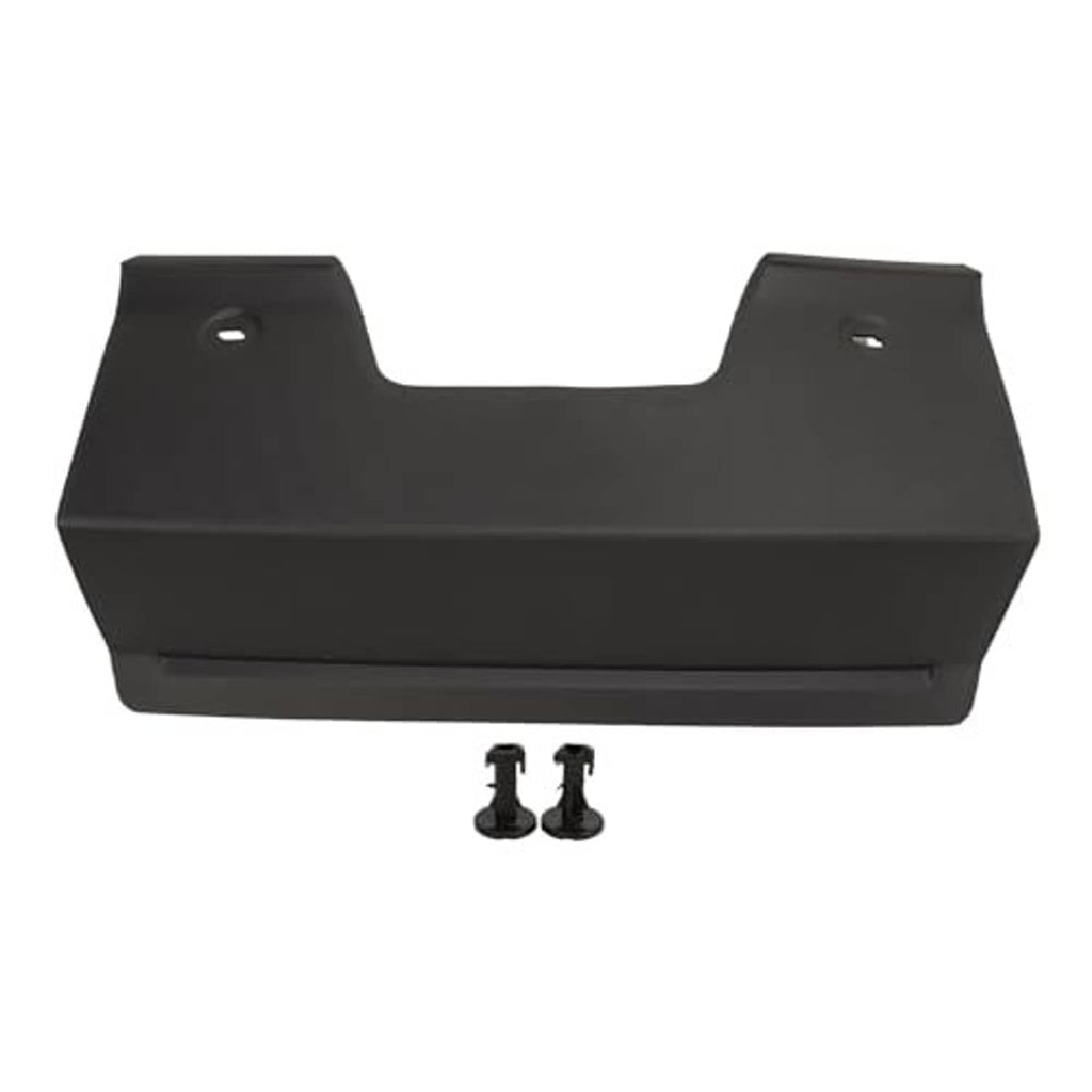 Rear bumper tow hook cover with two mounting clips, matte black plastic