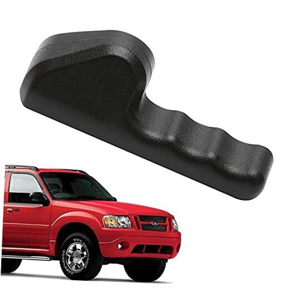 Black seat adjuster handle with textured grip and curved end