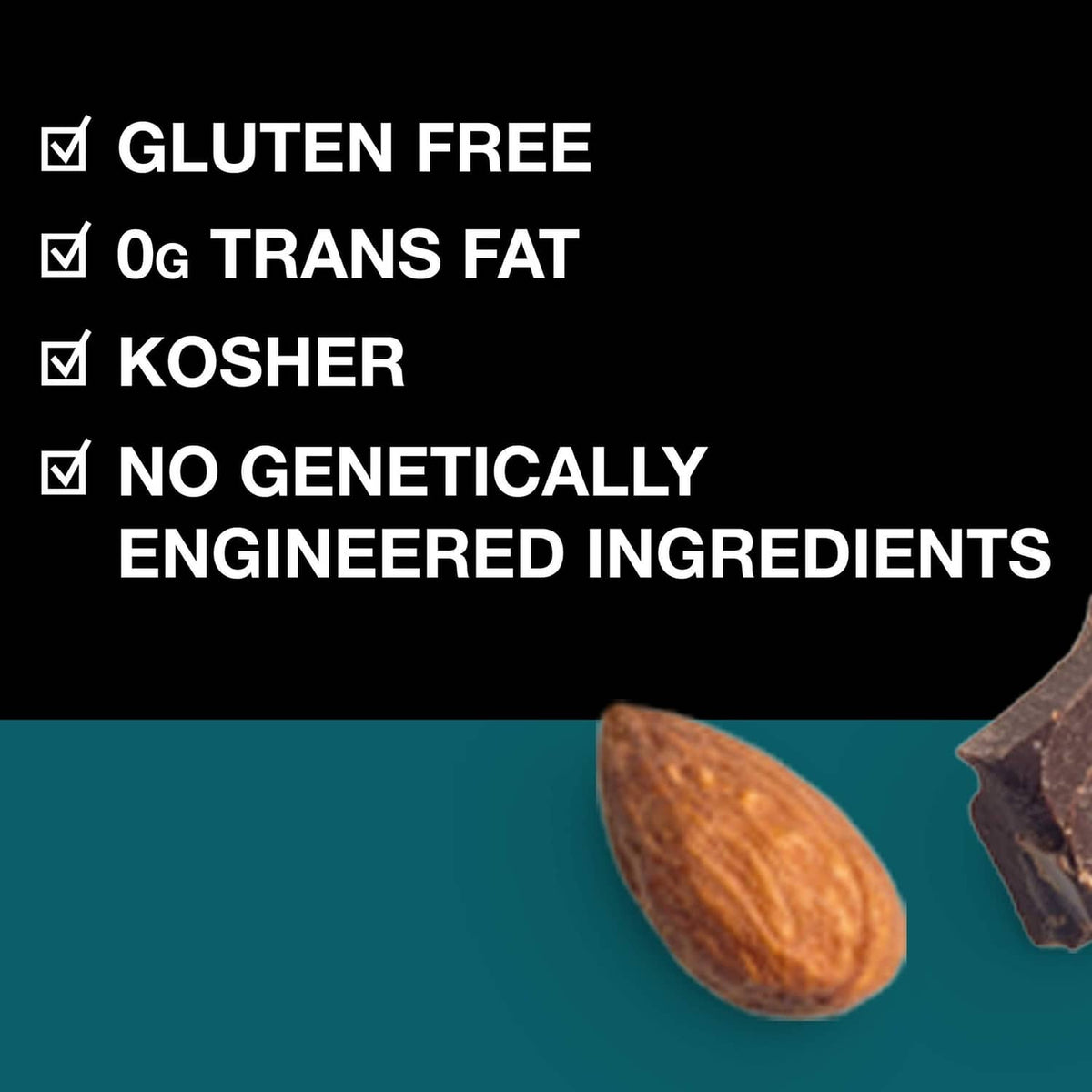 Gluten-free, 0g trans fat, kosher, and no genetically engineered ingredients icons