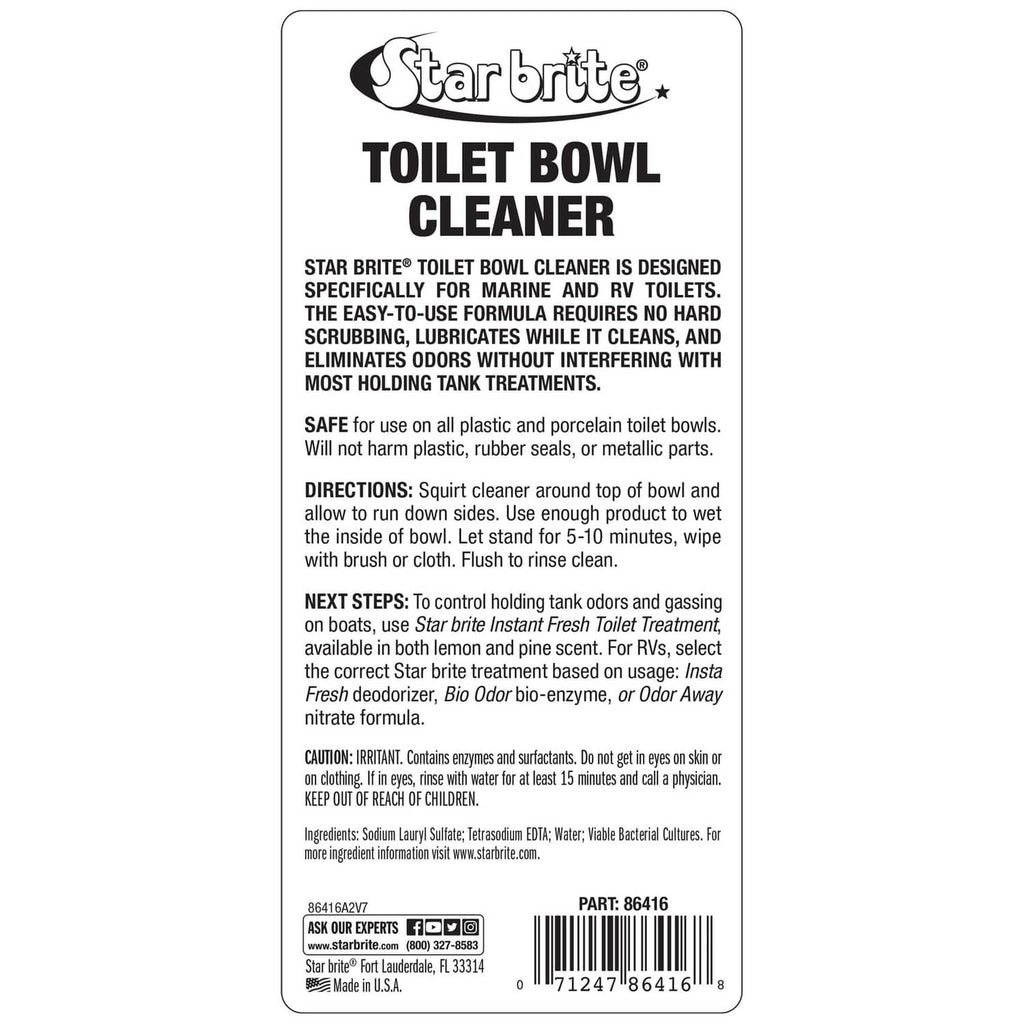 Star Brite toilet bowl cleaner bottle with back label, barcode, and directions text.