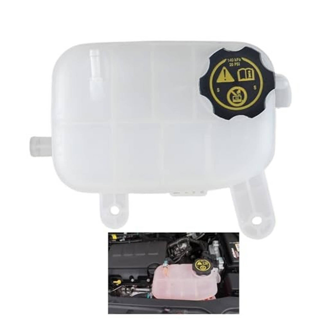Engine coolant reservoir tank with cap and mounting posts, translucent white plastic