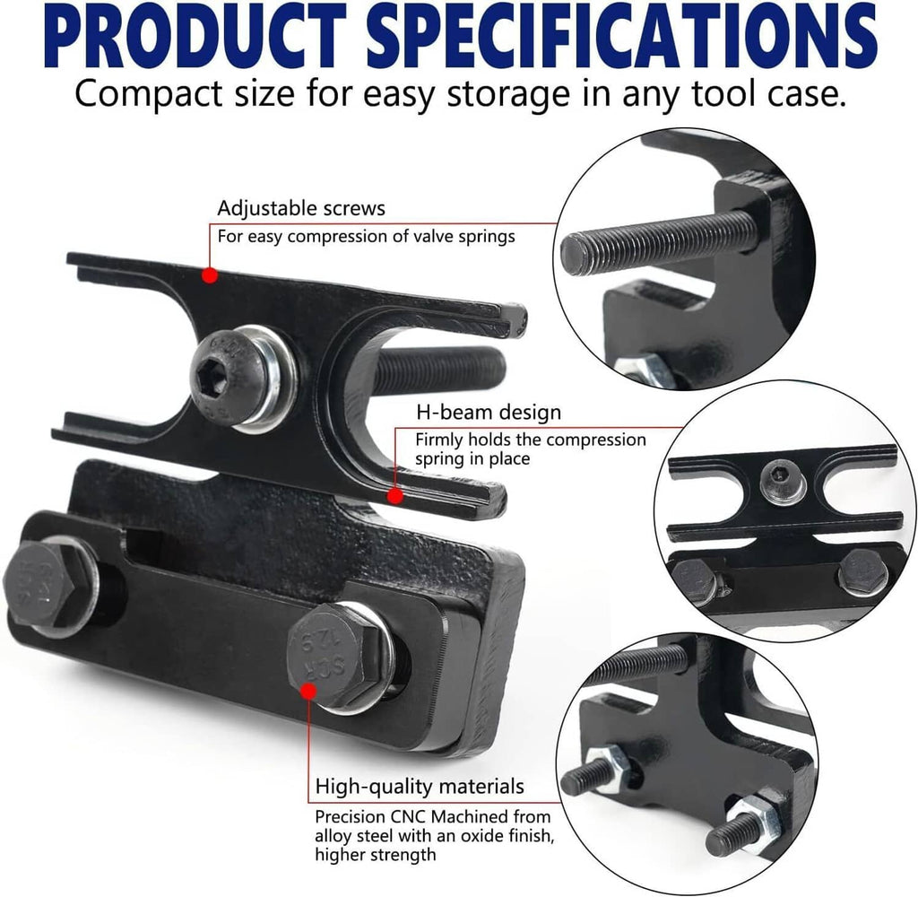 Valve spring compressor tool showing adjustable screws and H-beam design on black frame