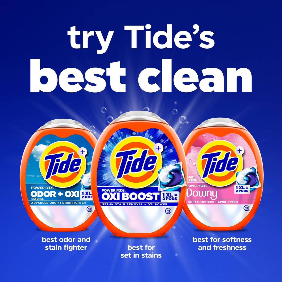 Three Tide detergent pac tubs side by side, blue-and-orange label design