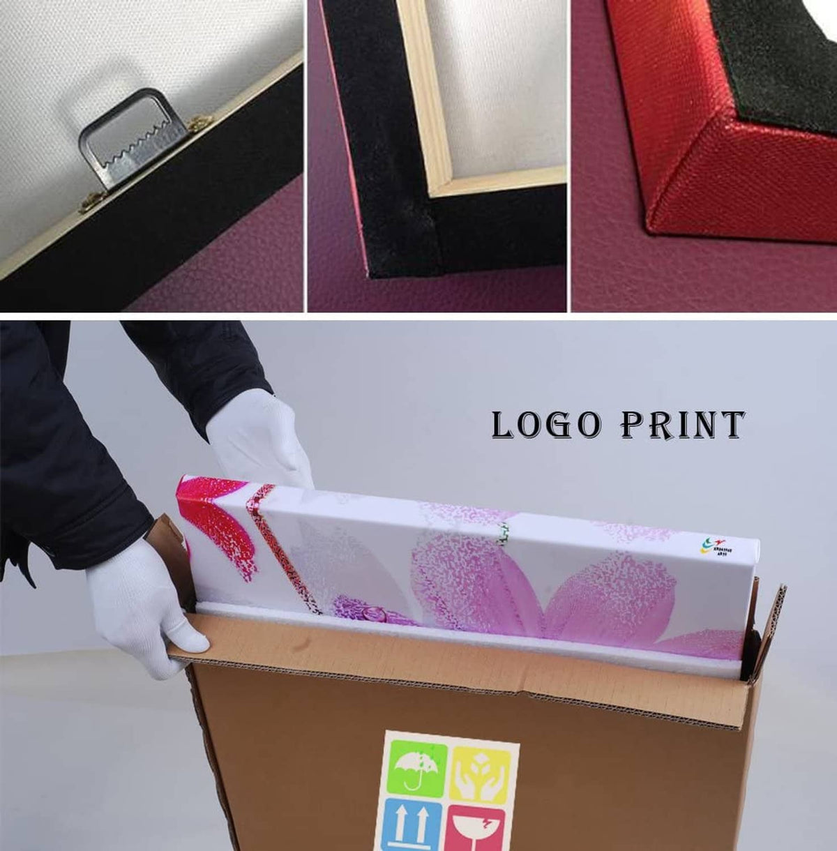 Wall art canvas poster packed in a shipping box with protective label graphics