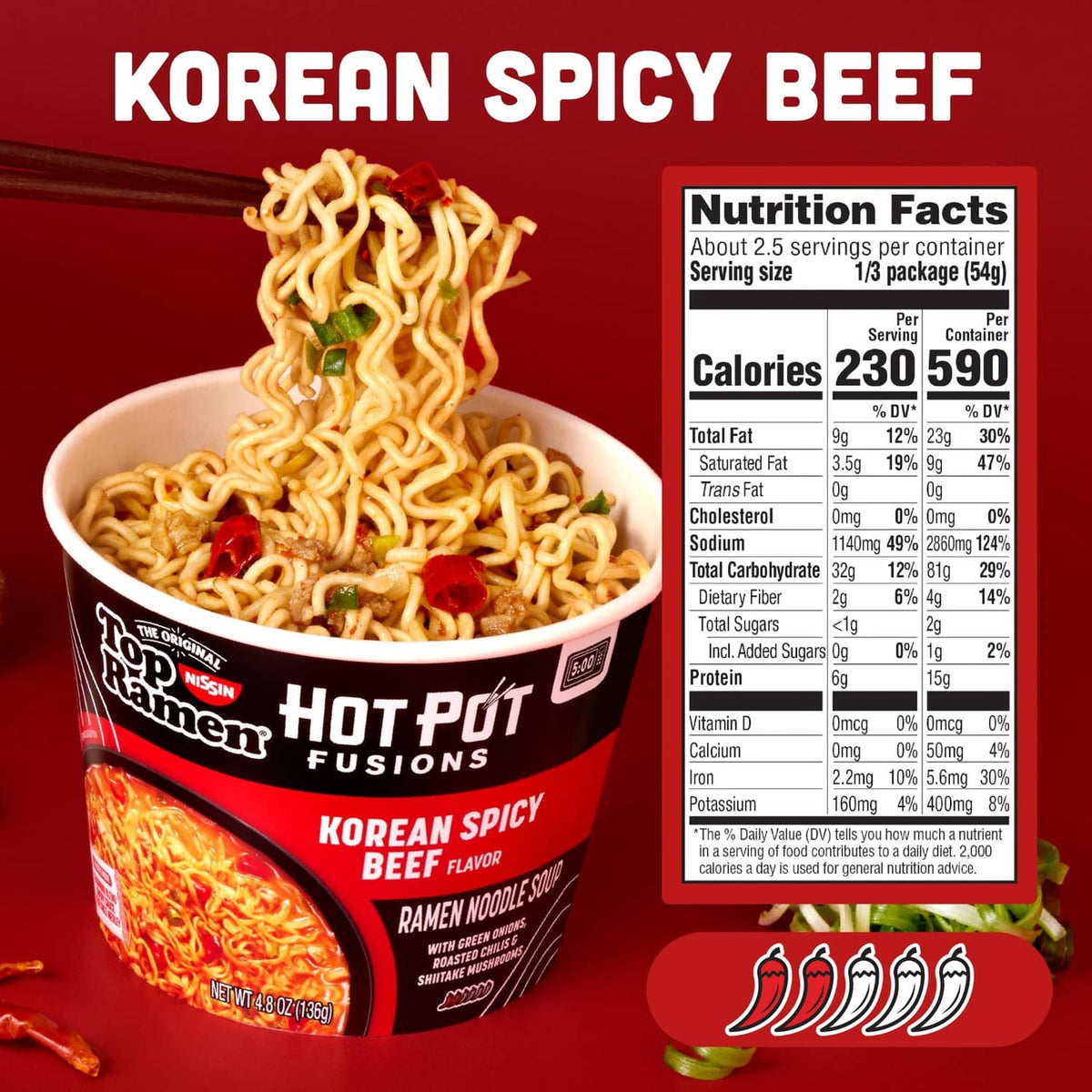 Hot Pot Fusions cup filled with orange Korean spicy beef ramen noodles and nutrition label