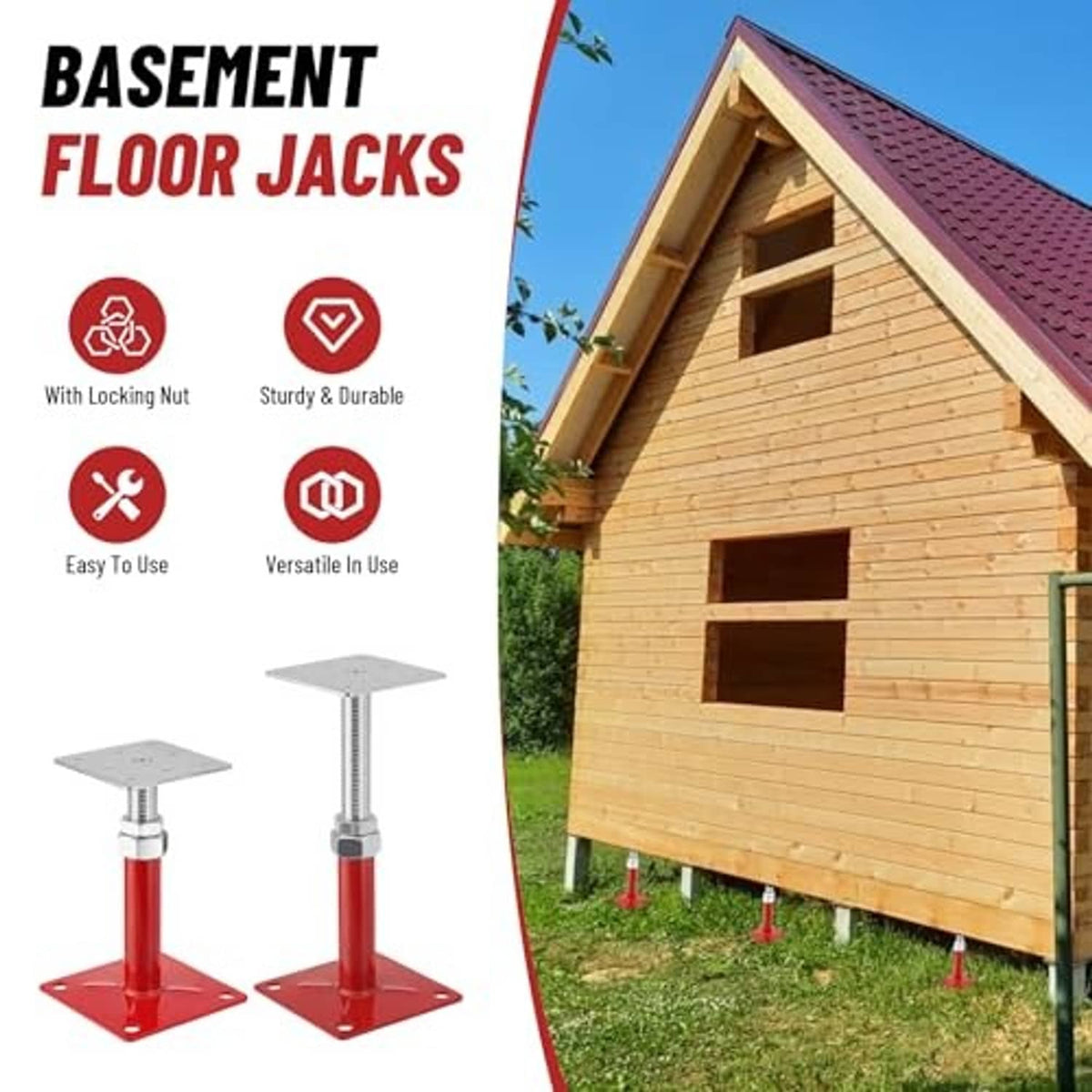 Two adjustable basement floor jacks with red posts, steel base plates, and top plates