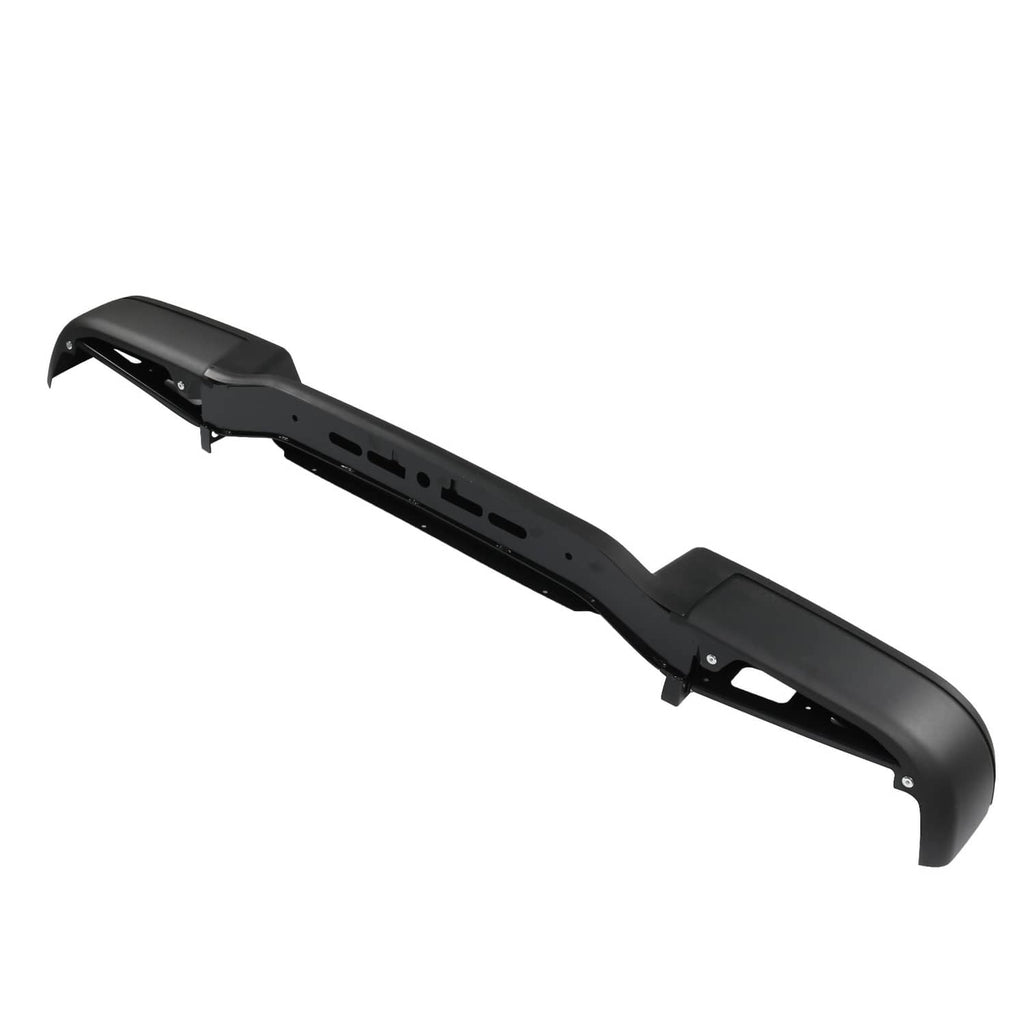 Black rear step bumper assembly, close angle showing underside ribs and mounting holes