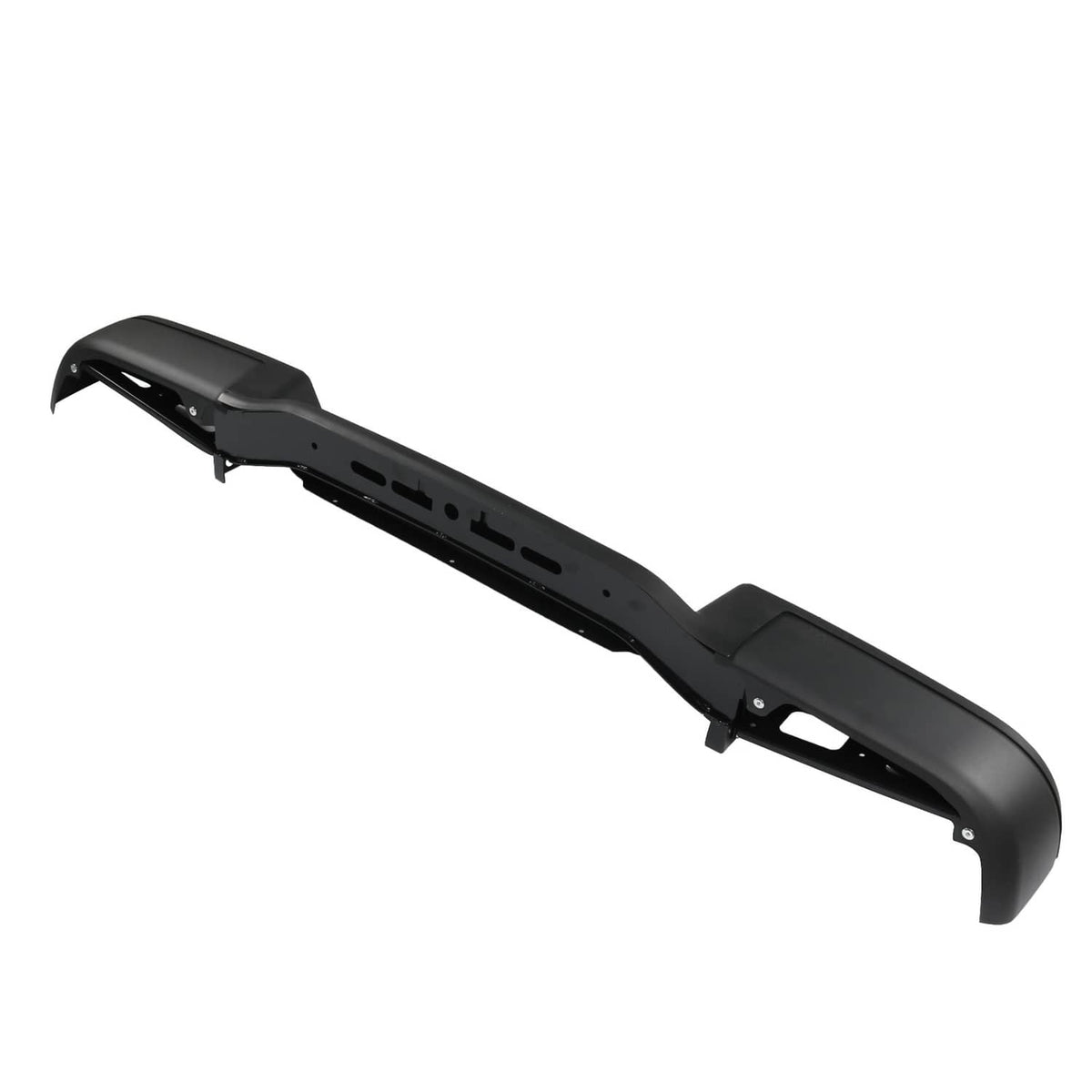 Black rear step bumper assembly, close angle showing underside ribs and mounting holes