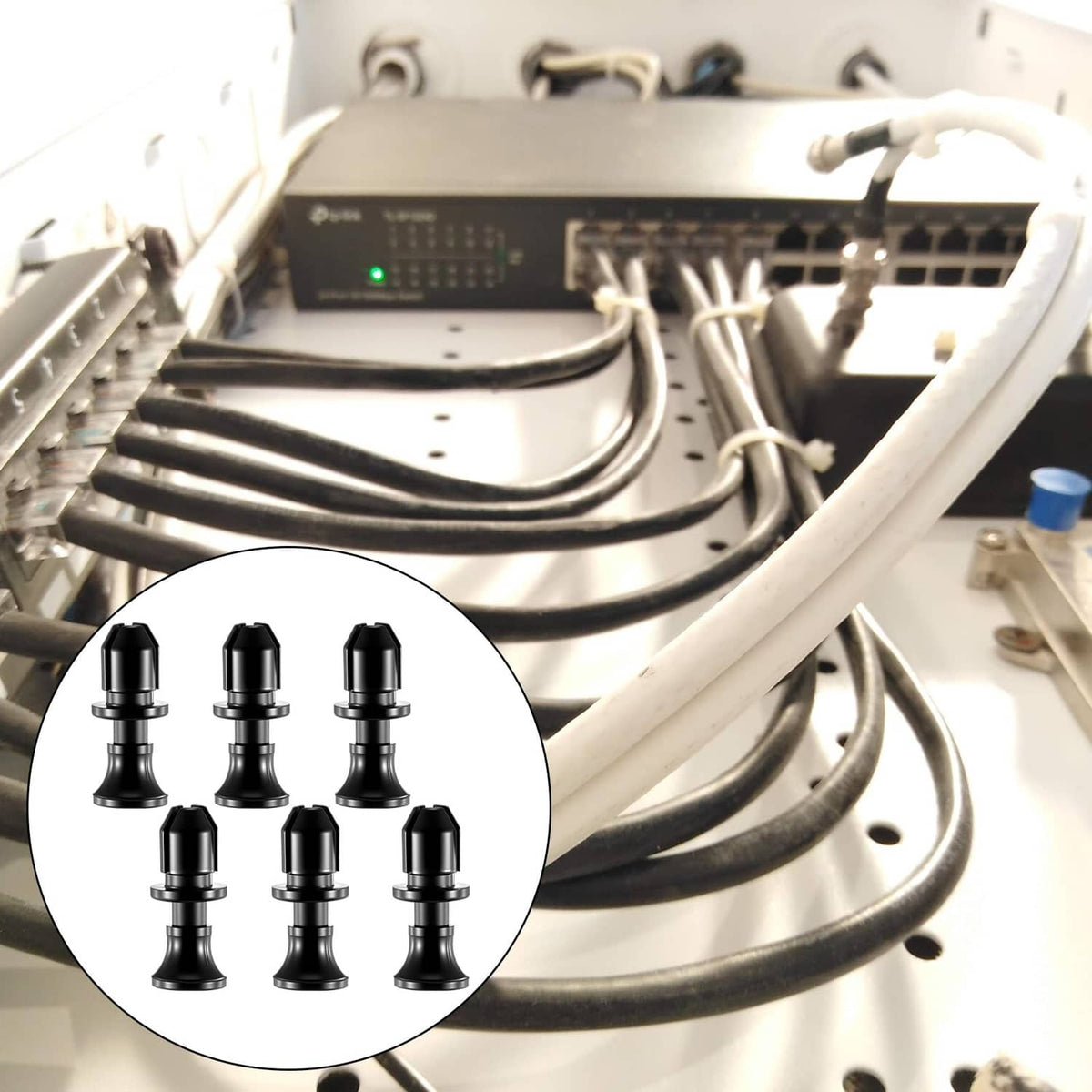 Black push lock pins shown in inset for organizing media enclosure cabling