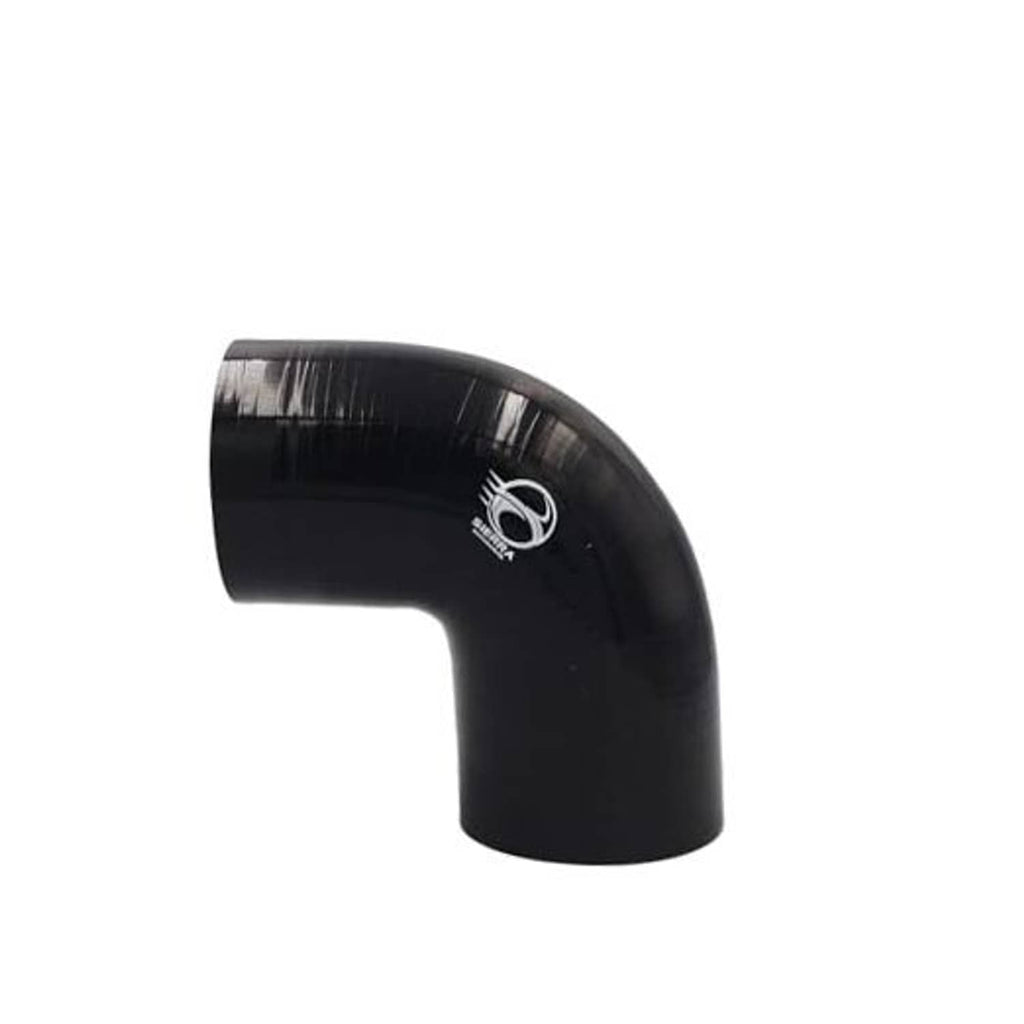 Black 90-degree silicone elbow hose with short straight inlet and angled outlet