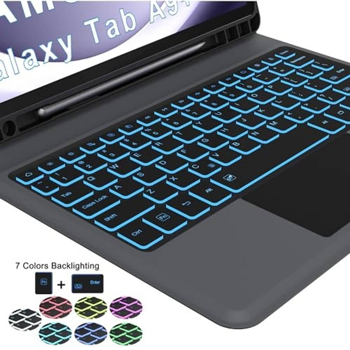 Tablet keyboard case with blue backlit keyboard on textured dark cover