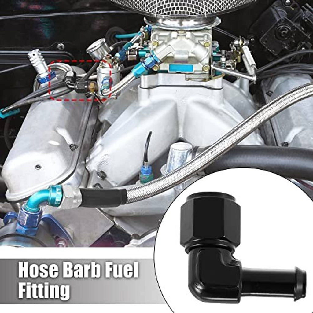 Black 90-degree hose barb fuel fitting adapter installed in engine compartment
