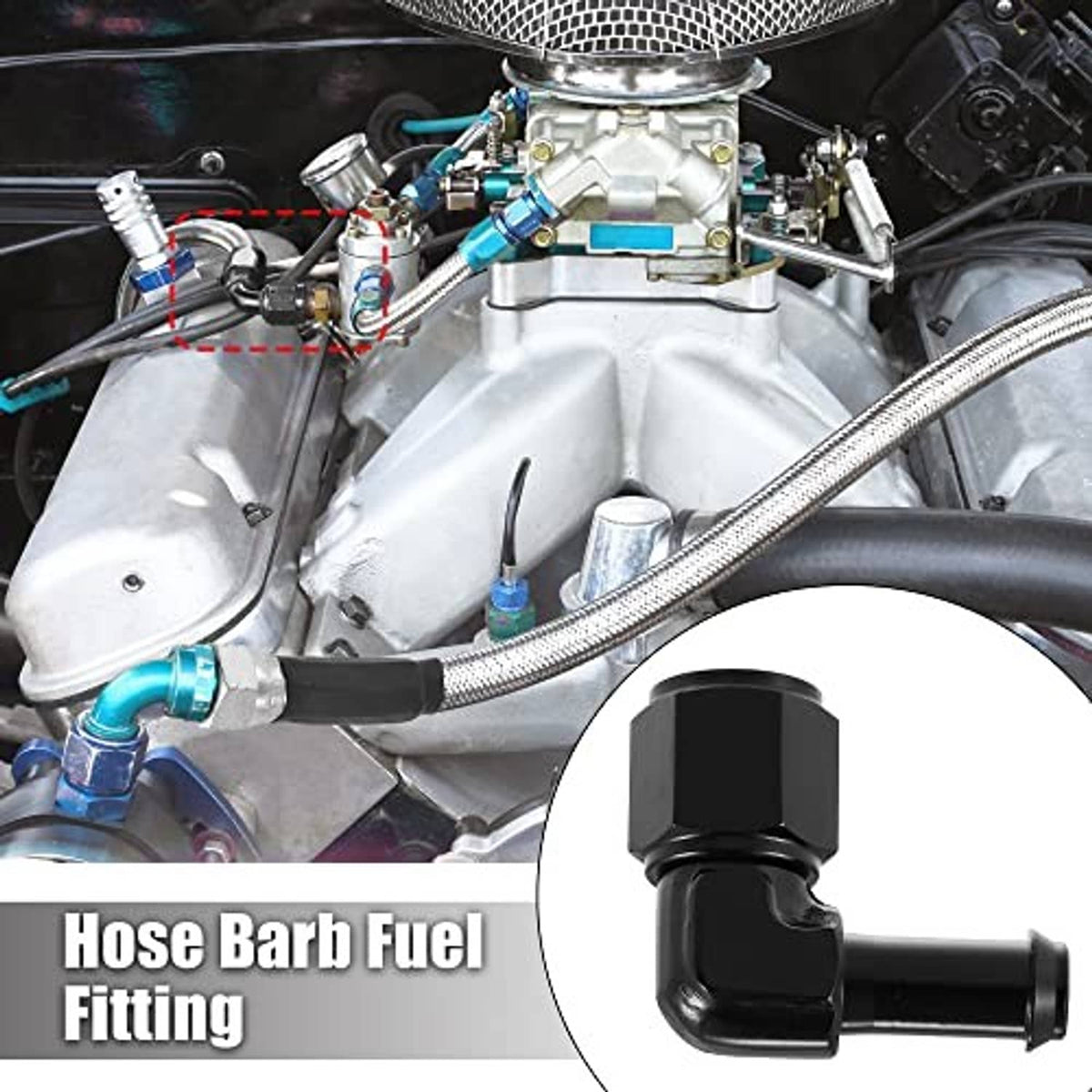 Black 90-degree hose barb fuel fitting adapter installed in engine compartment