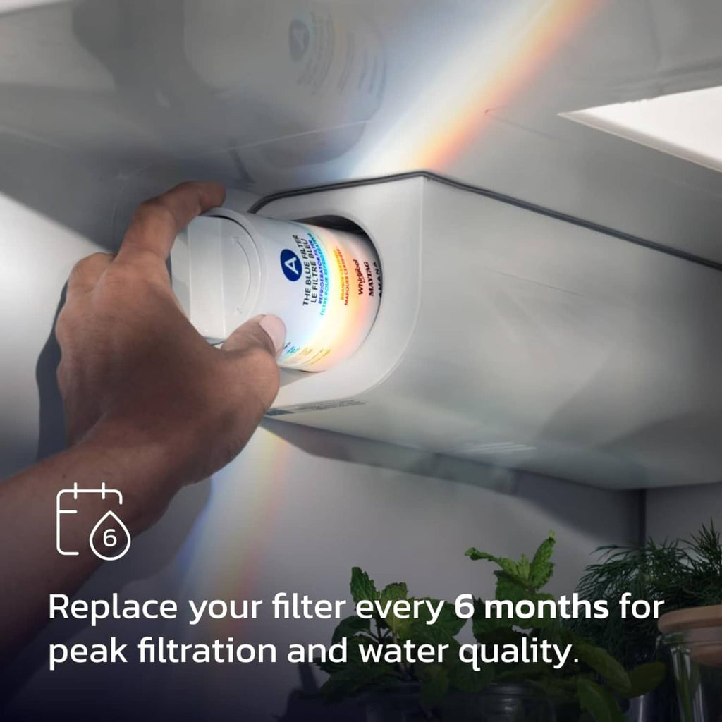 Refrigerator water filter cartridge being installed, white with blue A label.