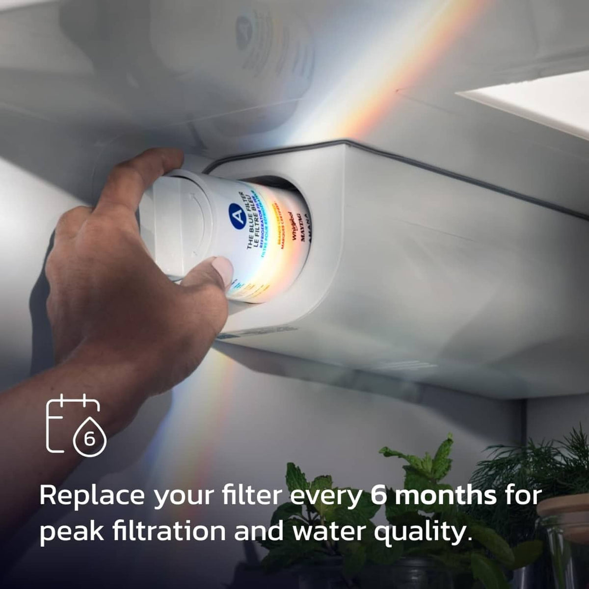 Refrigerator water filter cartridge being installed, white with blue A label.