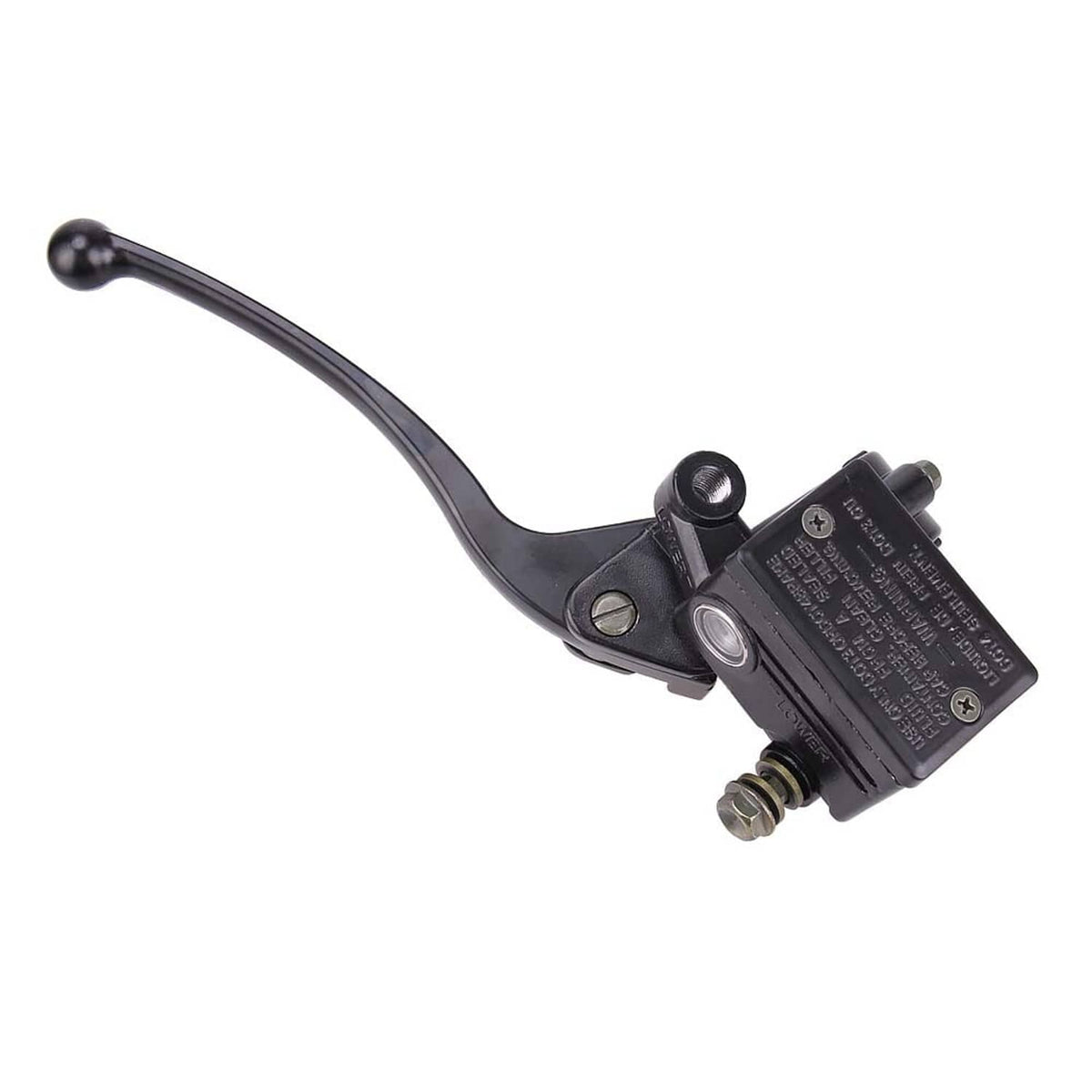 Black brake master cylinder with curved lever and reservoir outlet fitting