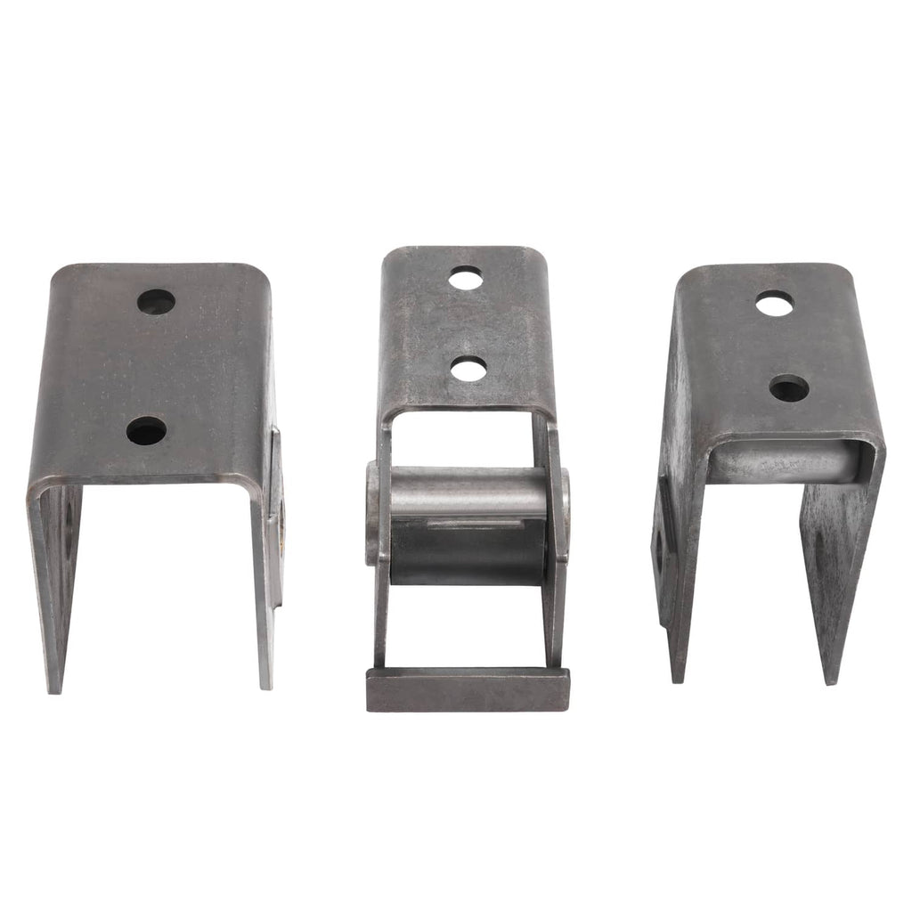 Steel slipper spring hanger brackets with fork ends and bolt holes, three-piece set